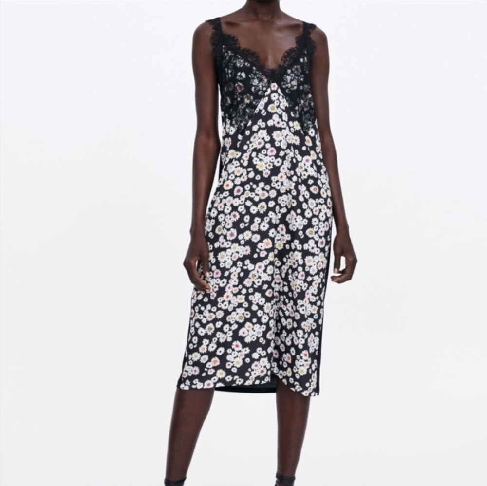 ZARA Black Lace Slip Dress Bodycon Midi Sheer Floral Overlay Size S